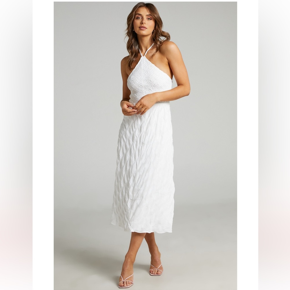 NEW Showpo. Amor Diamond Halter Midi Dresss with Shirred Bodice